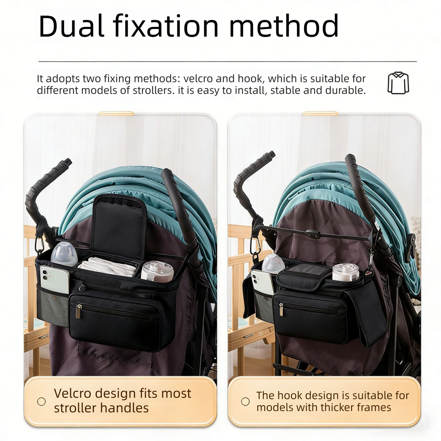 Grey Universal Stroller Organizer Bag - Durable Water-Resistant Fabric - Dual Insulated Cup Holders, Large Capacity Storage Caddy for Diapers and Essentials, Fits Most Prams, Travel Friendly Solution