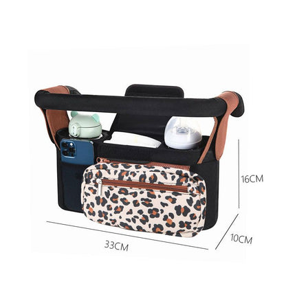 Leopard pattern Universal Stroller Organizer Bag - Durable Water-Resistant Fabric - Dual Insulated Cup Holders, Large Capacity Storage Caddy for Diapers and Essentials, Fits Most Prams, Travel Friendly Solution
