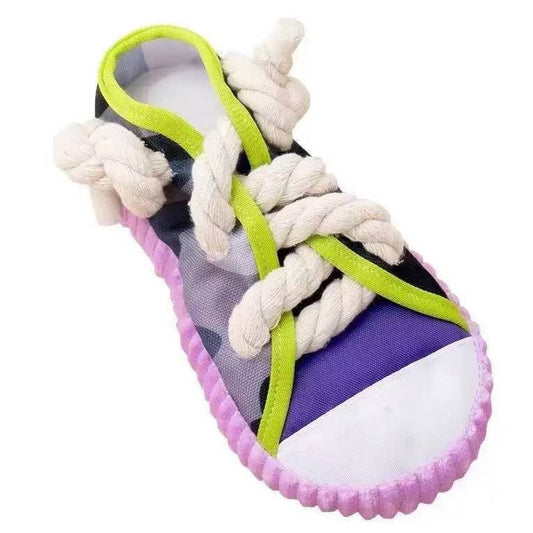 Purple Squeaky Canvas Shoe Dog Toy - Durable Realistic Sneaker Design for Chewing and Teething, Interactive Boredom Buster with Built-in Squeaker, Daily Play and Training Solution for Pets