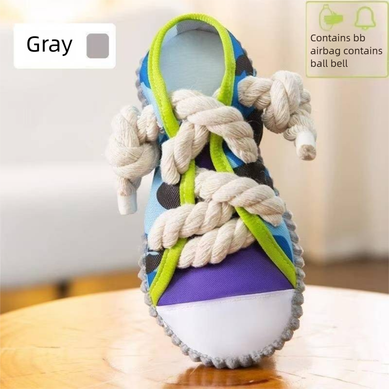 Grey Squeaky Canvas Shoe Dog Toy - Durable Realistic Sneaker Design for Chewing and Teething, Interactive Boredom Buster with Built-in Squeaker, Daily Play and Training Solution for Pets