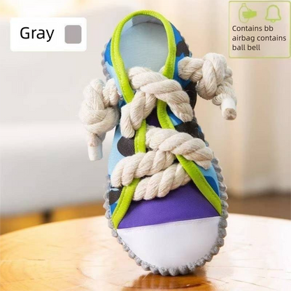 Grey Squeaky Canvas Shoe Dog Toy - Durable Realistic Sneaker Design for Chewing and Teething, Interactive Boredom Buster with Built-in Squeaker, Daily Play and Training Solution for Pets