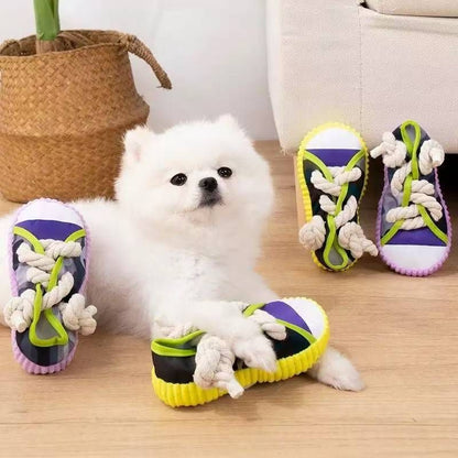 Yellow Squeaky Canvas Shoe Dog Toy - Durable Realistic Sneaker Design for Chewing and Teething, Interactive Boredom Buster with Built-in Squeaker, Daily Play and Training Solution for Pets