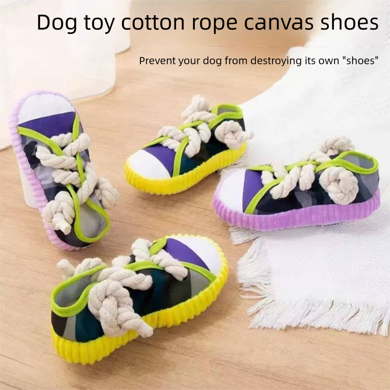Yellow Squeaky Canvas Shoe Dog Toy - Durable Realistic Sneaker Design for Chewing and Teething, Interactive Boredom Buster with Built-in Squeaker, Daily Play and Training Solution for Pets