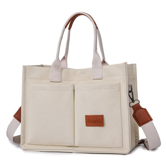 Beige Large Canvas Tote Bag for Women - Multi-Pocket Utility Organiser with Wide Adjustable Shoulder Strap - Trendy Crossbody and Handheld Bag for Work, Shopping and Travel - Daily Comfort Solution