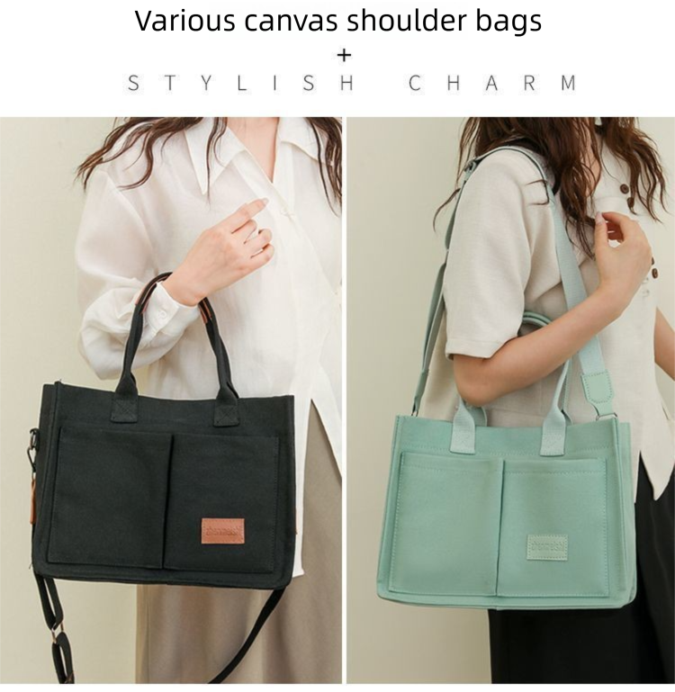 Beige Large Canvas Tote Bag for Women - Multi-Pocket Utility Organiser with Wide Adjustable Shoulder Strap - Trendy Crossbody and Handheld Bag for Work, Shopping and Travel - Daily Comfort Solution