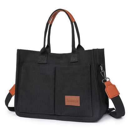 Black Large Canvas Tote Bag for Women - Multi-Pocket Utility Organiser with Wide Adjustable Shoulder Strap - Trendy Crossbody and Handheld Bag for Work, Shopping and Travel - Daily Comfort Solution