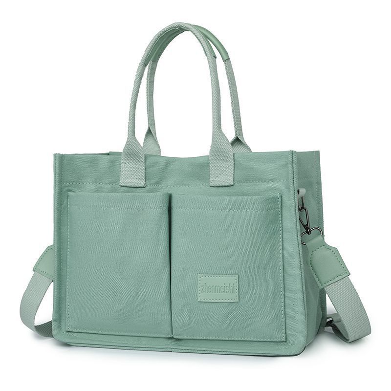 Green Large Canvas Tote Bag for Women - Multi-Pocket Utility Organiser with Wide Adjustable Shoulder Strap - Trendy Crossbody and Handheld Bag for Work, Shopping and Travel - Daily Comfort Solution