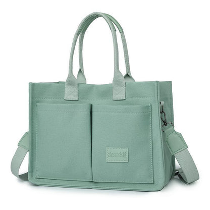 Green Large Canvas Tote Bag for Women - Multi-Pocket Utility Organiser with Wide Adjustable Shoulder Strap - Trendy Crossbody and Handheld Bag for Work, Shopping and Travel - Daily Comfort Solution