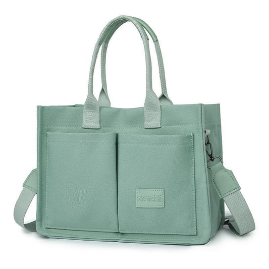 Green Large Canvas Tote Bag for Women - Multi-Pocket Utility Organiser with Wide Adjustable Shoulder Strap - Trendy Crossbody and Handheld Bag for Work, Shopping and Travel - Daily Comfort Solution