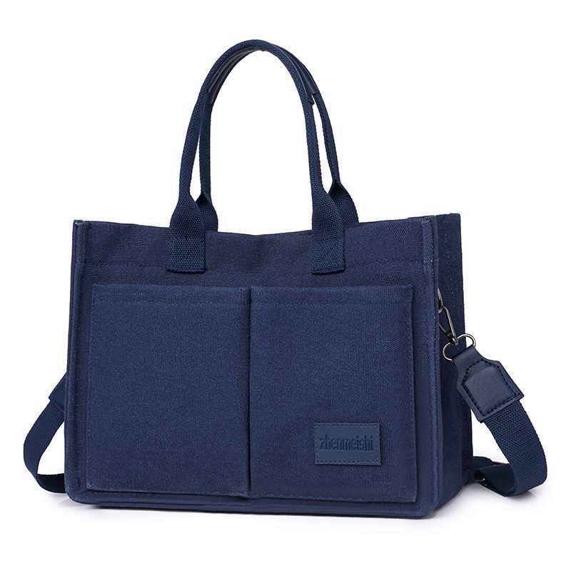 Dark blue Large Canvas Tote Bag for Women - Multi-Pocket Utility Organiser with Wide Adjustable Shoulder Strap - Trendy Crossbody and Handheld Bag for Work, Shopping and Travel - Daily Comfort Solution