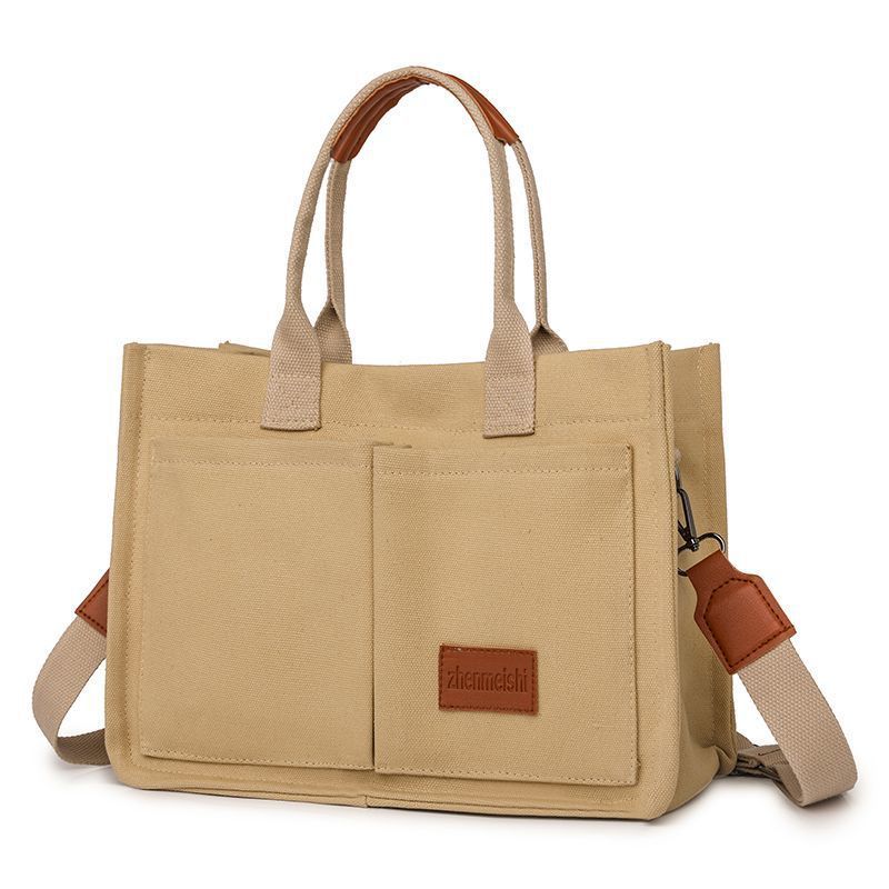 Khaki Large Canvas Tote Bag for Women - Multi-Pocket Utility Organiser with Wide Adjustable Shoulder Strap - Trendy Crossbody and Handheld Bag for Work, Shopping and Travel - Daily Comfort Solution