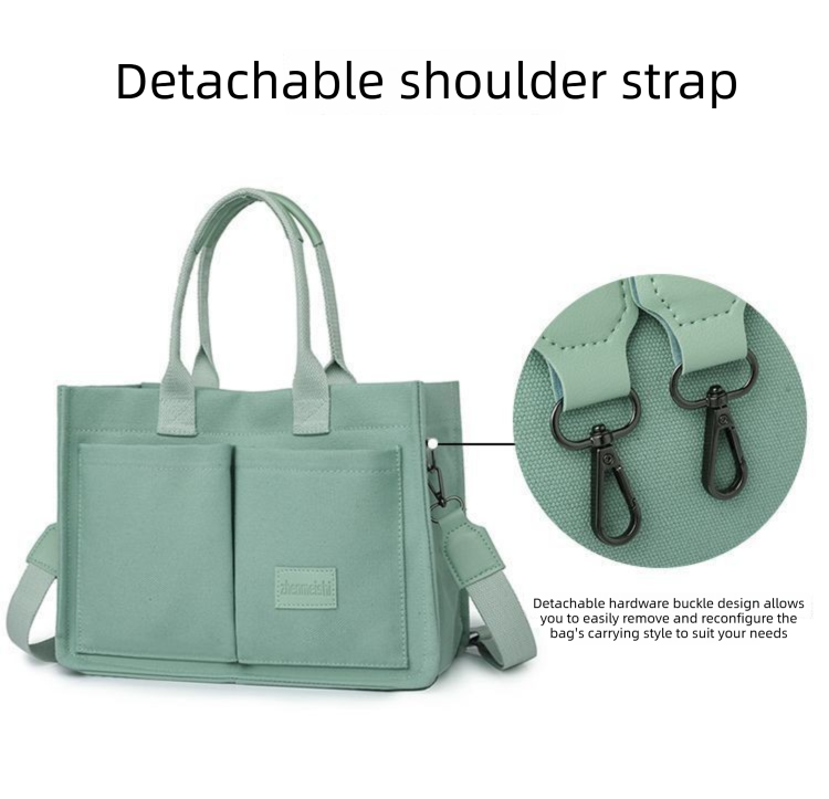 Khaki Large Canvas Tote Bag for Women - Multi-Pocket Utility Organiser with Wide Adjustable Shoulder Strap - Trendy Crossbody and Handheld Bag for Work, Shopping and Travel - Daily Comfort Solution