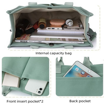 Khaki Large Canvas Tote Bag for Women - Multi-Pocket Utility Organiser with Wide Adjustable Shoulder Strap - Trendy Crossbody and Handheld Bag for Work, Shopping and Travel - Daily Comfort Solution