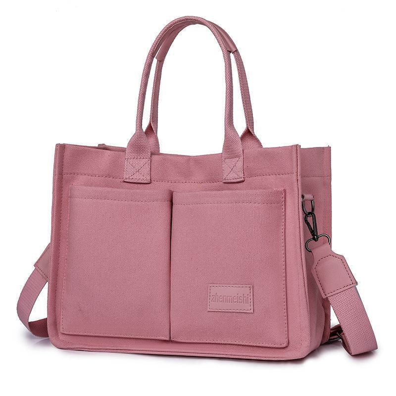 Pink Large Canvas Tote Bag for Women - Multi-Pocket Utility Organiser with Wide Adjustable Shoulder Strap - Trendy Crossbody and Handheld Bag for Work, Shopping and Travel - Daily Comfort Solution