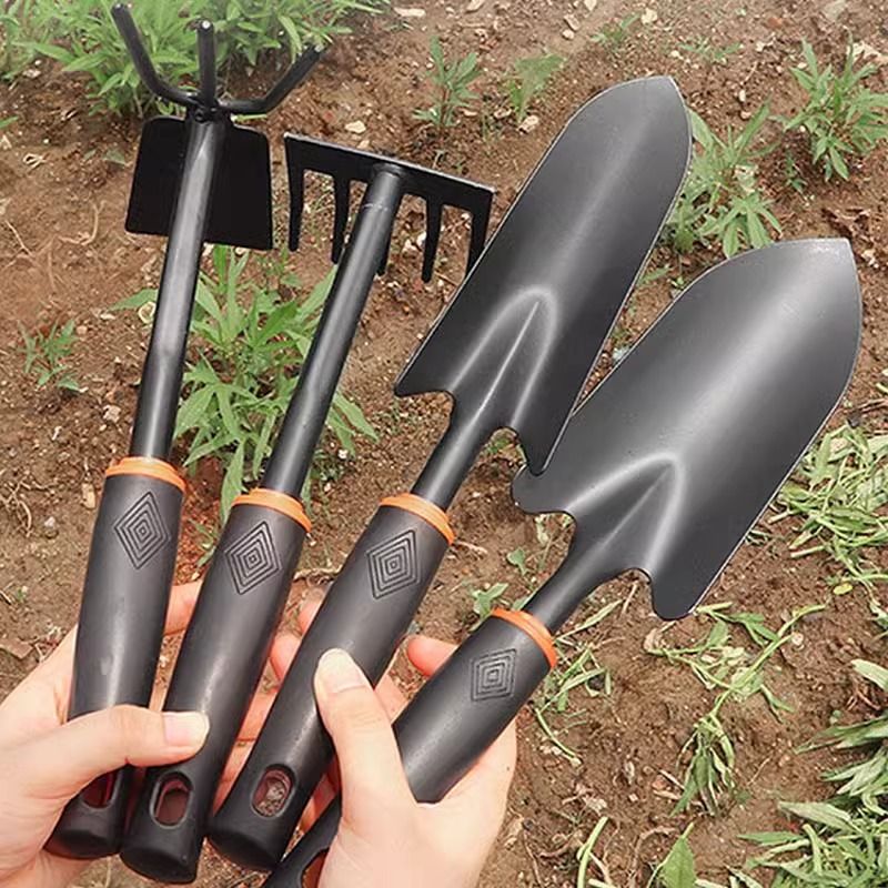 4-Piece Garden Hand Tool Set - Heavy Duty Steel with Ergonomic Non-Slip Grips - Includes Trowel, Transplanter, 5-Prong Rake and Dual-Purpose Hoe for Weeding, Planting and Shell Digging