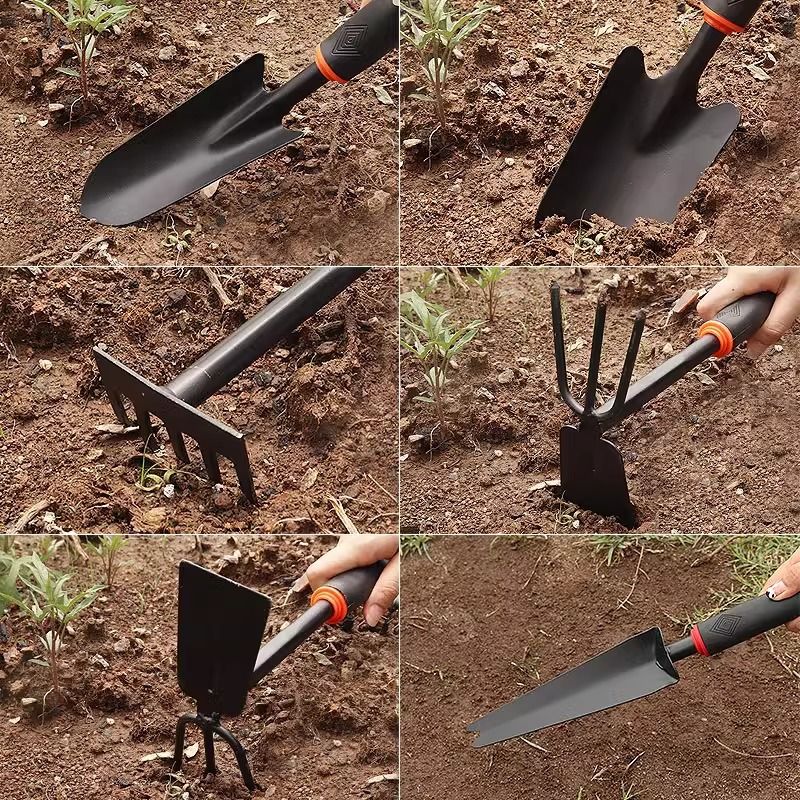 4-Piece Garden Hand Tool Set - Heavy Duty Steel with Ergonomic Non-Slip Grips - Includes Trowel, Transplanter, 5-Prong Rake and Dual-Purpose Hoe for Weeding, Planting and Shell Digging