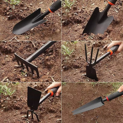 4-Piece Garden Hand Tool Set - Heavy Duty Steel with Ergonomic Non-Slip Grips - Includes Trowel, Transplanter, 5-Prong Rake and Dual-Purpose Hoe for Weeding, Planting and Shell Digging