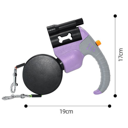 Purple Dual Retractable Dog Leash - Tangle-Free 360 Degree Rotation - Built-in LED Flashlight, Individual Brake and Lock System for Two Dogs, Safety for Night Walking and Outdoor Training
