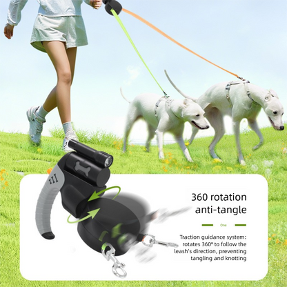 Purple Dual Retractable Dog Leash - Tangle-Free 360 Degree Rotation - Built-in LED Flashlight, Individual Brake and Lock System for Two Dogs, Safety for Night Walking and Outdoor Training