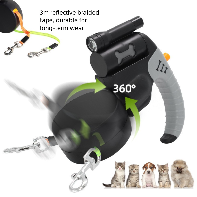 Purple Dual Retractable Dog Leash - Tangle-Free 360 Degree Rotation - Built-in LED Flashlight, Individual Brake and Lock System for Two Dogs, Safety for Night Walking and Outdoor Training