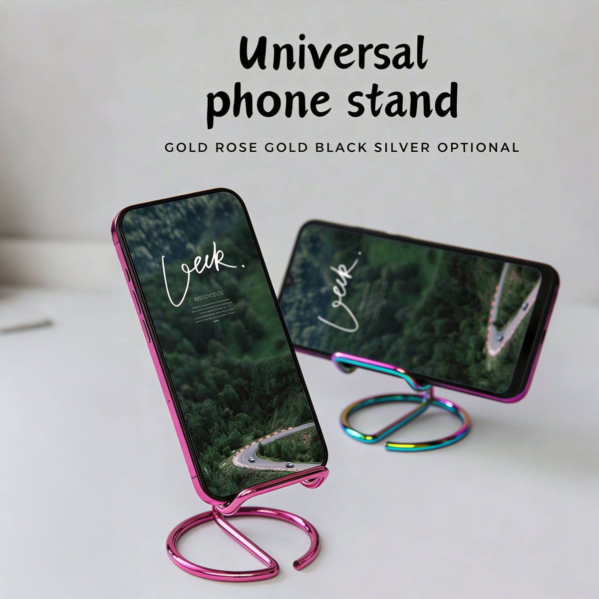 2-Pack Rose gold Universal Aluminum Phone Stand - Minimalist One-Piece Metal Tablet Holder - Durable Integrated Fixed Angle Desktop Bracket, Sleek Industrial Design for Home Office and Bedroom