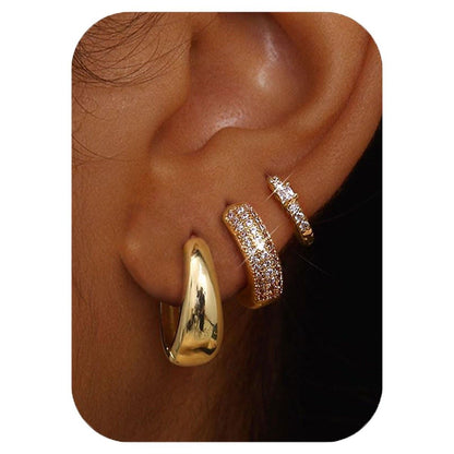 Cubic Zirconia Twisted Hoop Earring Set - 3-Piece Elegant CZ Inlay Copper Ear Buckles - Creative Sparkling Jewellery for Women, Daily Wear, Office Style or Special Occasion Gifting