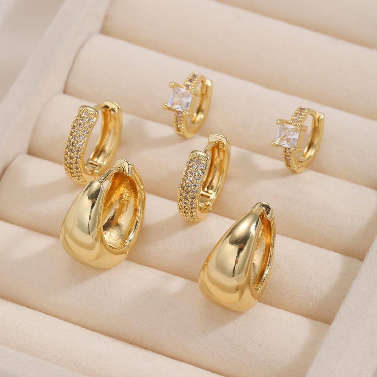 Cubic Zirconia Twisted Hoop Earring Set - 3-Piece Elegant CZ Inlay Copper Ear Buckles - Creative Sparkling Jewellery for Women, Daily Wear, Office Style or Special Occasion Gifting