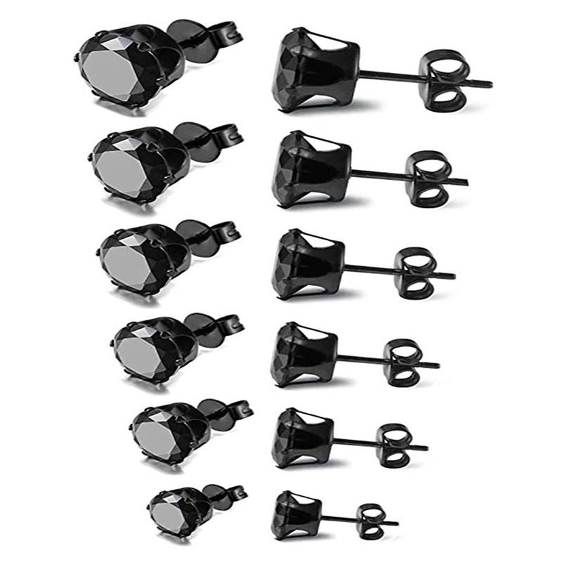 6-Pair Black Stainless Steel Stud Earring Set - Classic 6-Prong Crown Setting with Sparkling Round Cubic Zirconia in Multiple Sizes - Durable Skin-Friendly Jewelry for Daily Wear and Stacking