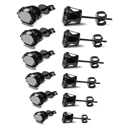 6-Pair Black Stainless Steel Stud Earring Set - Classic 6-Prong Crown Setting with Sparkling Round Cubic Zirconia in Multiple Sizes - Durable Skin-Friendly Jewelry for Daily Wear and Stacking