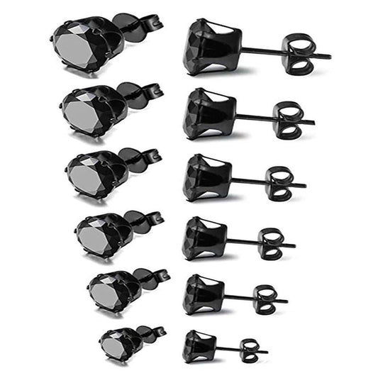 6-Pair Black Stainless Steel Stud Earring Set - Classic 6-Prong Crown Setting with Sparkling Round Cubic Zirconia in Multiple Sizes - Durable Skin-Friendly Jewelry for Daily Wear and Stacking