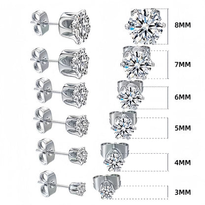6-Pair Silver Stainless Steel Stud Earring Set - Classic 6-Prong Crown Setting with Sparkling Round Cubic Zirconia in Multiple Sizes - Durable Skin-Friendly Jewelry for Daily Wear and Stacking