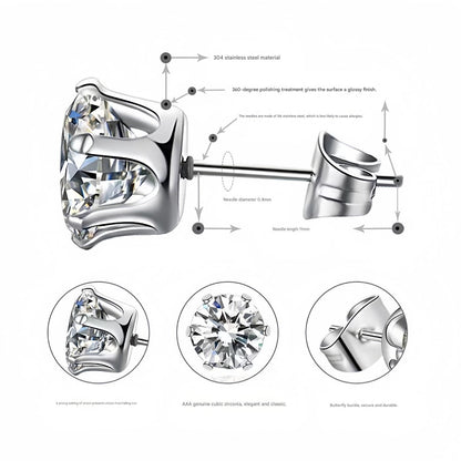6-Pair Silver Stainless Steel Stud Earring Set - Classic 6-Prong Crown Setting with Sparkling Round Cubic Zirconia in Multiple Sizes - Durable Skin-Friendly Jewelry for Daily Wear and Stacking