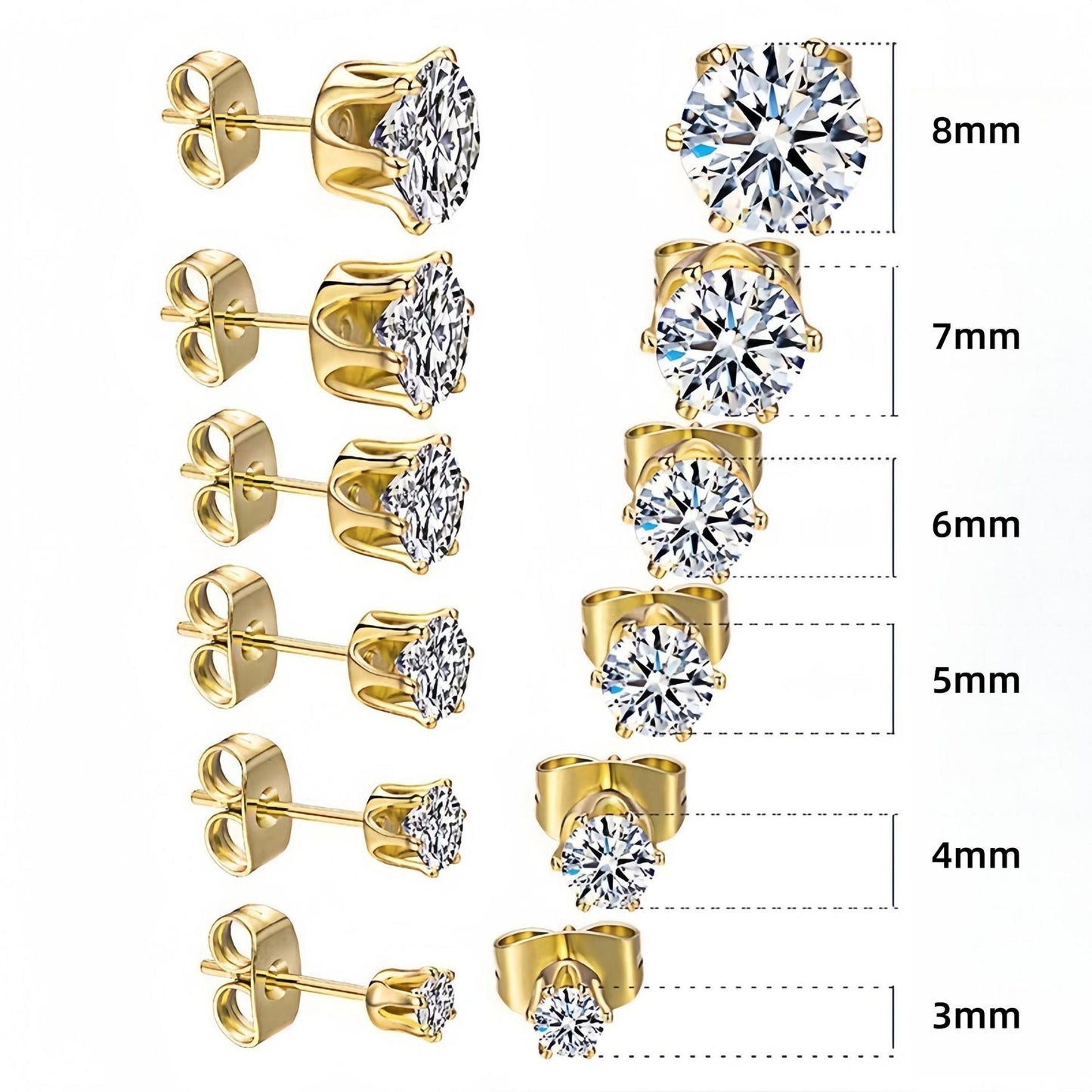 6-Pair Golden Stainless Steel Stud Earring Set - Classic 6-Prong Crown Setting with Sparkling Round Cubic Zirconia in Multiple Sizes - Durable Skin-Friendly Jewelry for Daily Wear and Stacking