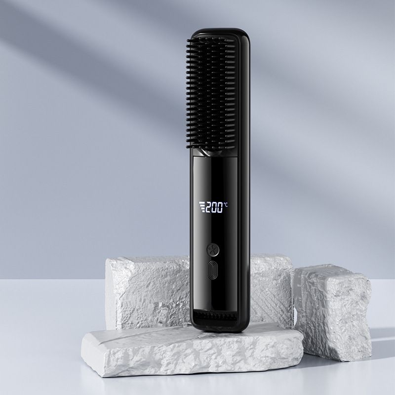 Black Wireless Rechargeable Hair Straightener Brush with LCD Display - USB-C Fast Charging, 3 Heat Settings, Cool Air Function - Portable Ceramic Heating Comb for Travel and Home Use