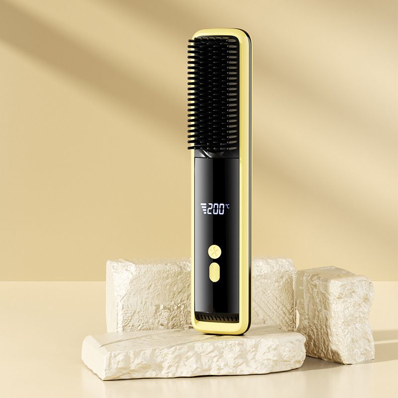 Yellow Wireless Rechargeable Hair Straightener Brush with LCD Display - USB-C Fast Charging, 3 Heat Settings, Cool Air Function - Portable Ceramic Heating Comb for Travel and Home Use