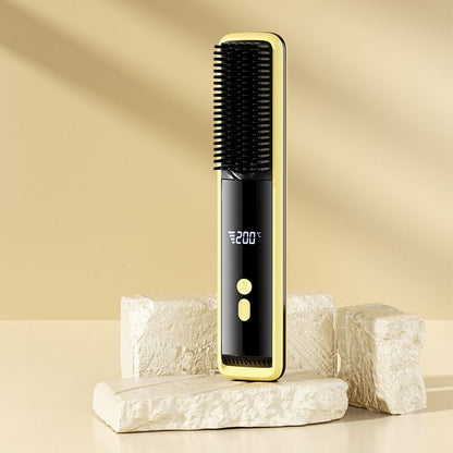Yellow Wireless Rechargeable Hair Straightener Brush with LCD Display - USB-C Fast Charging, 3 Heat Settings, Cool Air Function - Portable Ceramic Heating Comb for Travel and Home Use