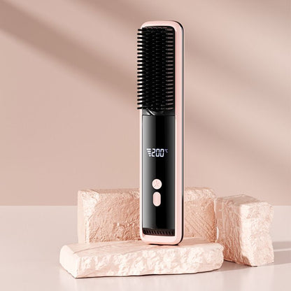 Pink Wireless Rechargeable Hair Straightener Brush with LCD Display - USB-C Fast Charging, 3 Heat Settings, Cool Air Function - Portable Ceramic Heating Comb for Travel and Home Use