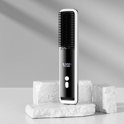 White Wireless Rechargeable Hair Straightener Brush with LCD Display - USB-C Fast Charging, 3 Heat Settings, Cool Air Function - Portable Ceramic Heating Comb for Travel and Home Use