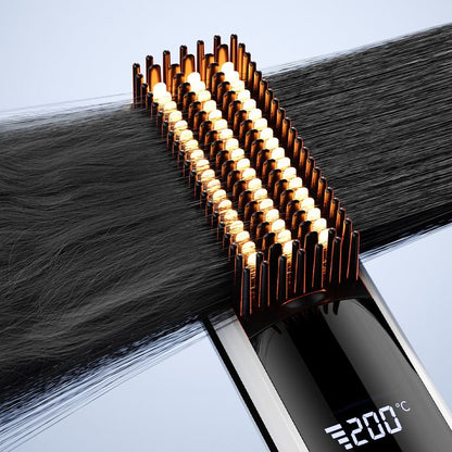 White Wireless Rechargeable Hair Straightener Brush with LCD Display - USB-C Fast Charging, 3 Heat Settings, Cool Air Function - Portable Ceramic Heating Comb for Travel and Home Use
