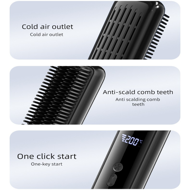 White Wireless Rechargeable Hair Straightener Brush with LCD Display - USB-C Fast Charging, 3 Heat Settings, Cool Air Function - Portable Ceramic Heating Comb for Travel and Home Use