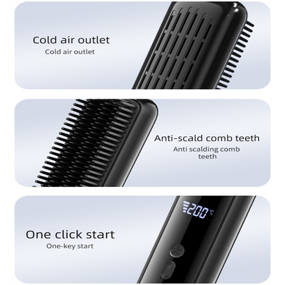 White Wireless Rechargeable Hair Straightener Brush with LCD Display - USB-C Fast Charging, 3 Heat Settings, Cool Air Function - Portable Ceramic Heating Comb for Travel and Home Use