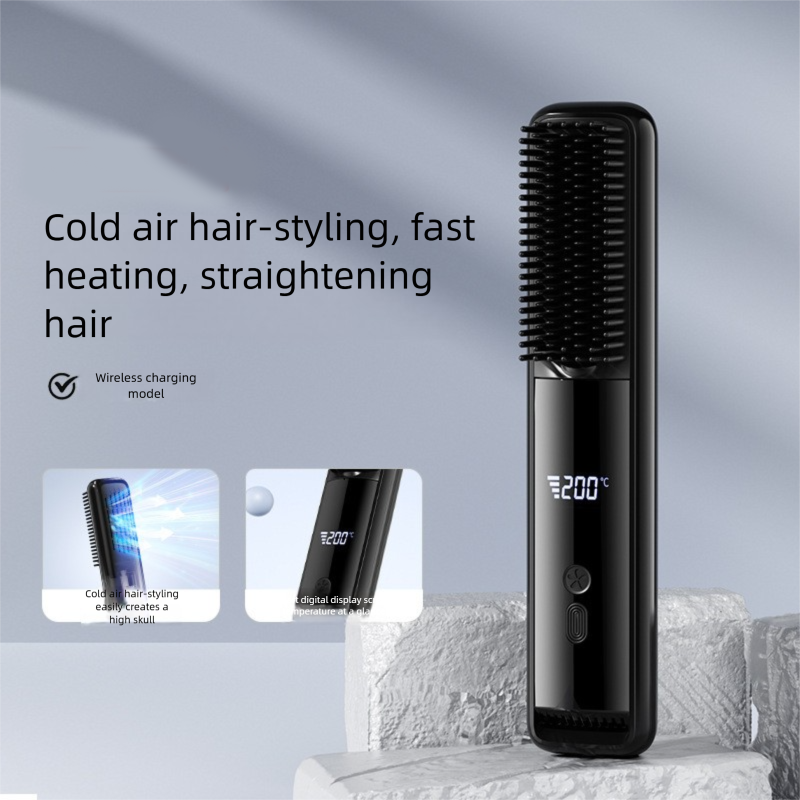 White Wireless Rechargeable Hair Straightener Brush with LCD Display - USB-C Fast Charging, 3 Heat Settings, Cool Air Function - Portable Ceramic Heating Comb for Travel and Home Use