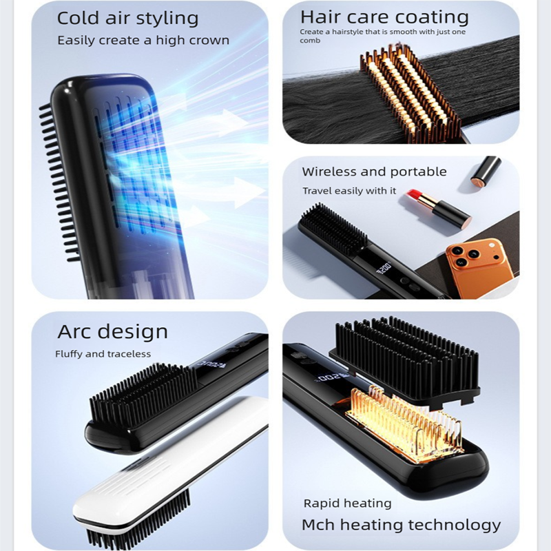 White Wireless Rechargeable Hair Straightener Brush with LCD Display - USB-C Fast Charging, 3 Heat Settings, Cool Air Function - Portable Ceramic Heating Comb for Travel and Home Use