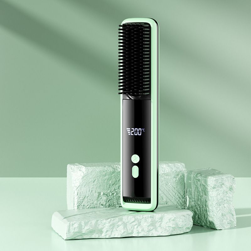 Green Wireless Rechargeable Hair Straightener Brush with LCD Display - USB-C Fast Charging, 3 Heat Settings, Cool Air Function - Portable Ceramic Heating Comb for Travel and Home Use