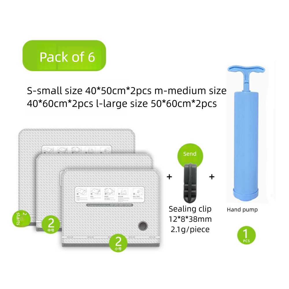 Six Vacuum Storage Bags Set with Hand Pump - Space Saving Compression Bags for Travel & Wardrobe Organization