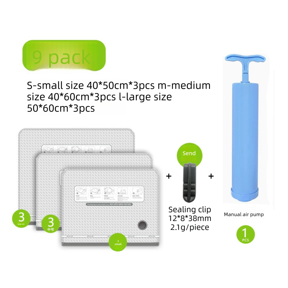 Nine Vacuum Storage Bags Set with Hand Pump - Space Saving Compression Bags for Travel & Wardrobe Organization