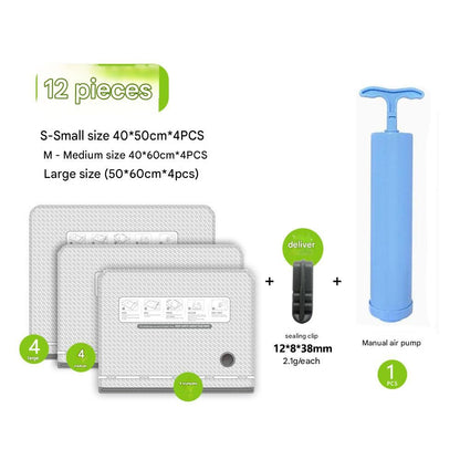 Twelve Vacuum Storage Bags Set with Hand Pump - Space Saving Compression Bags for Travel & Wardrobe Organization