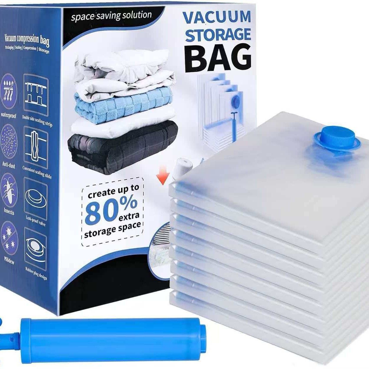 6-Piece Vacuum Storage Bags Set with Hand Pump - Multi-Size Space Saver for Quilts, Clothes & Duvets