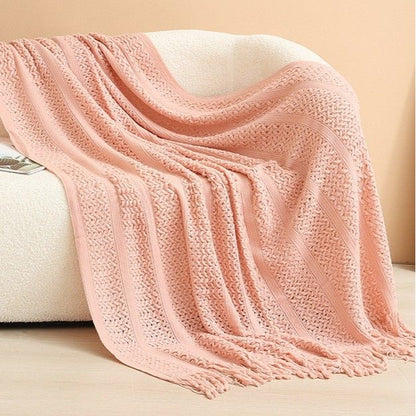 Pink Elegant Openwork Knitted Throw Blanket with Tassels - 127x180cm Large Decorative Soft Sofa Blanket for Living Room & Bedroom - Breathable Cozy Cover for Travel & Office Nap