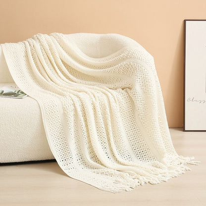 Beige Elegant Openwork Knitted Throw Blanket with Tassels - 127x180cm Large Decorative Soft Sofa Blanket for Living Room & Bedroom - Breathable Cozy Cover for Travel & Office Nap